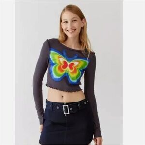 Urban Outfitters Rainbow Butterfly Lettuce Edge Cropped Baby Tee in Size XS